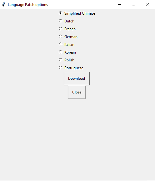 Screenshot of language patch window